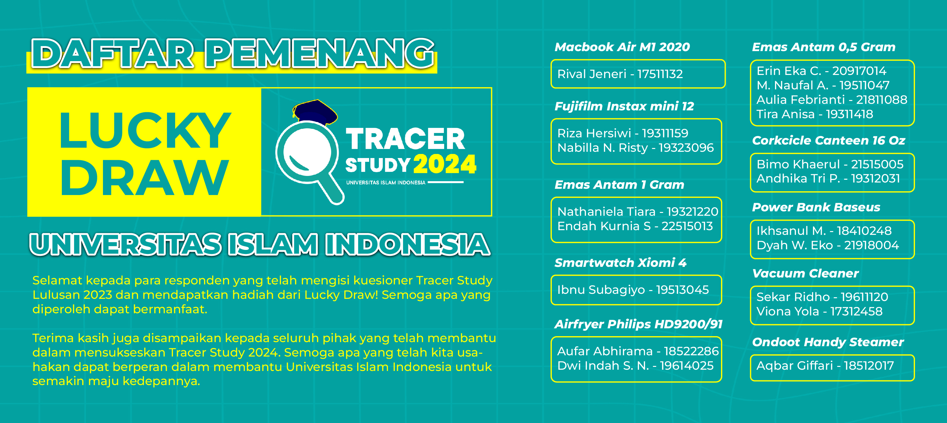 Daftar Pemenang Lucky Draw Tracer Study UII 2024